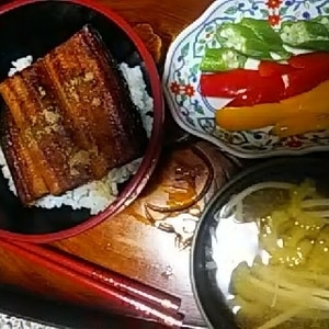 鰻丼と豆腐ワカメの味噌汁ときゅうり茄子漬け和え☆